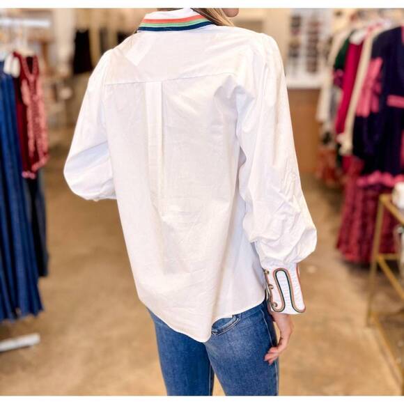 NEW JODIFL winslow embroidery accent button down blouse in ivory - Picture 4 of 5